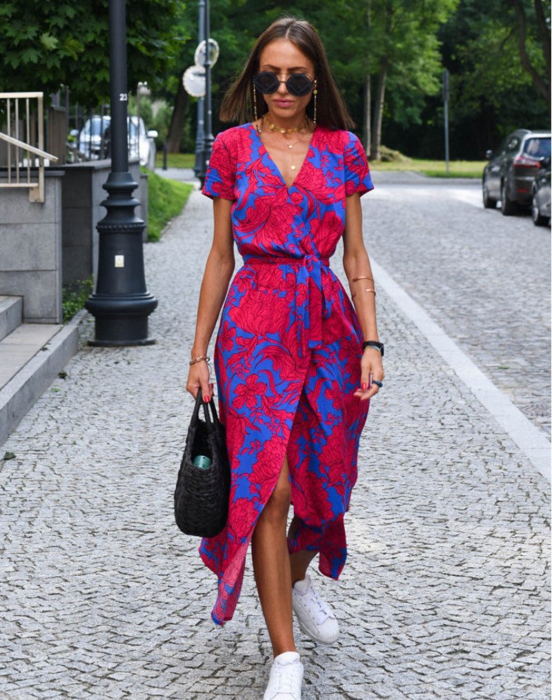 Women's Cotton Floral Wrap V-Neck Tie-Waist Midi Dress - Red