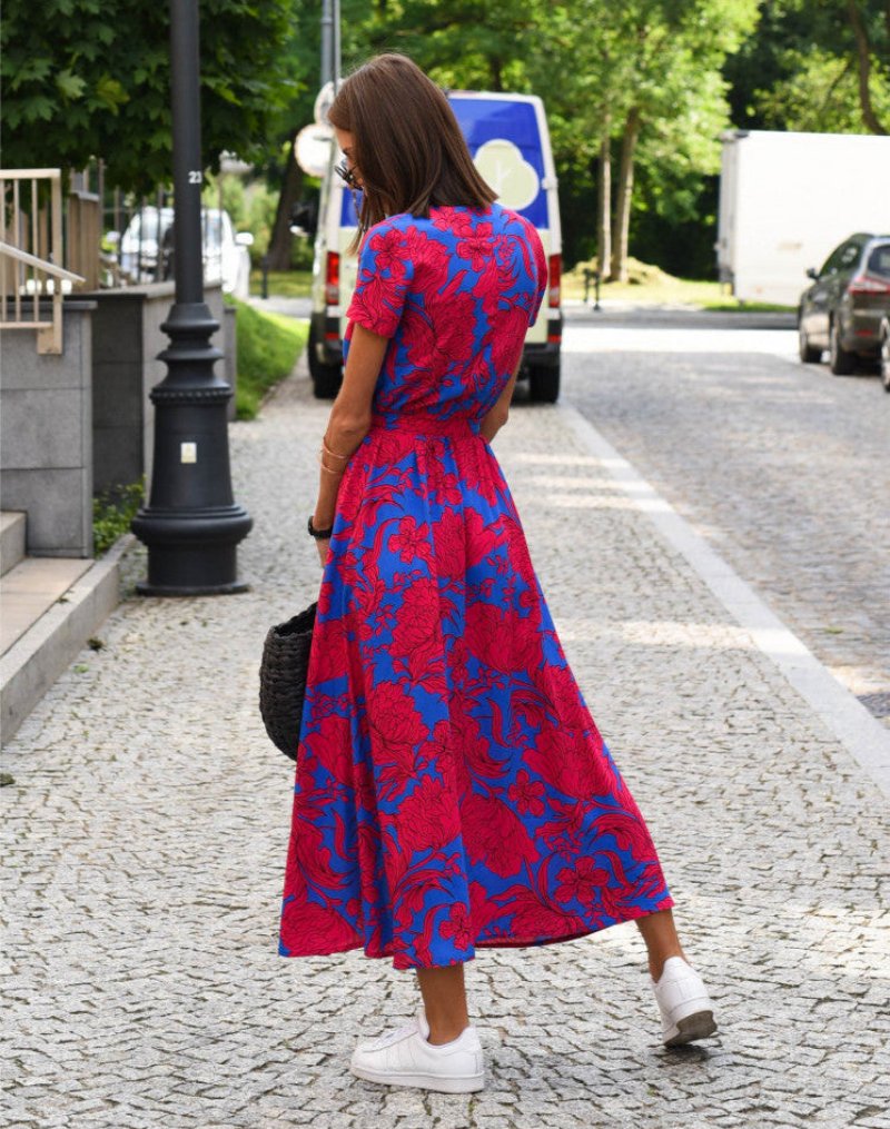 Women's Cotton Floral Wrap V-Neck Tie-Waist Midi Dress