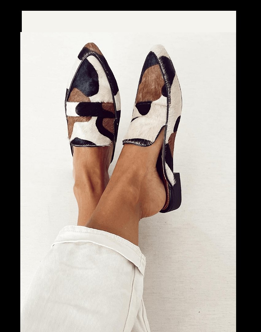 Women's Cow-Print Haircalf Pointed-Toe Slip-On Loafers - Black/White