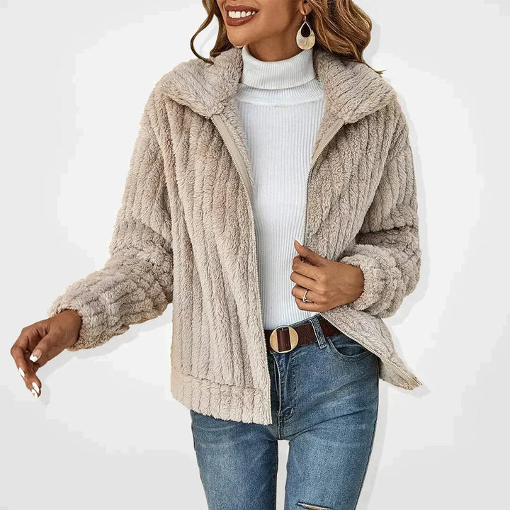 Women's Cozy Plush Zip-Up Quilted Jacket Women Fleece Coat - Apricot