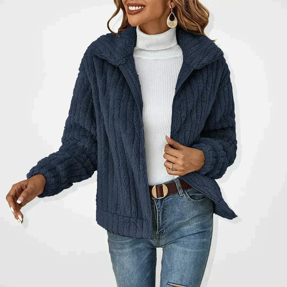 Women's Cozy Plush Zip-Up Quilted Jacket Women Fleece Coat - Navy Blue