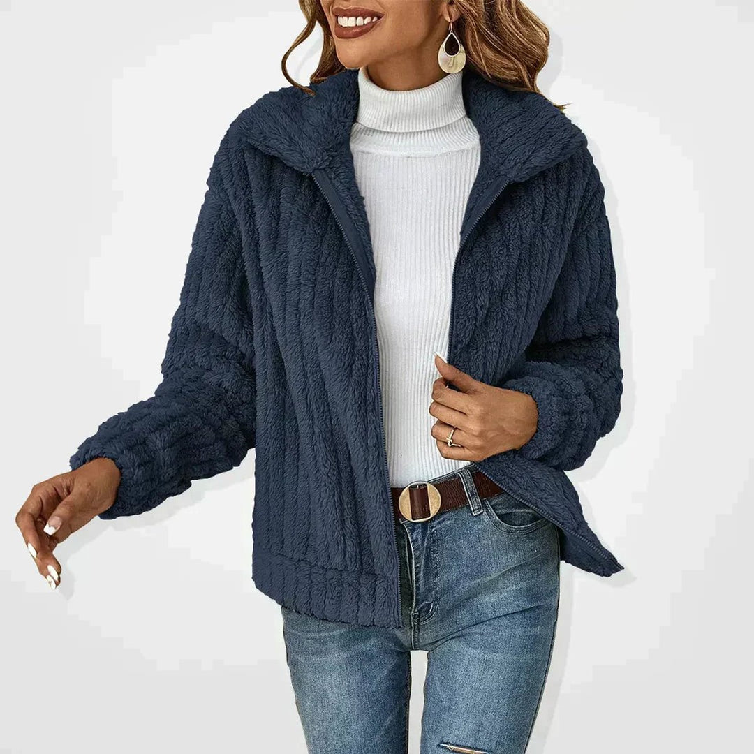 Women's Cozy Plush Zip-Up Quilted Jacket Women Fleece Coat - Navy Blue