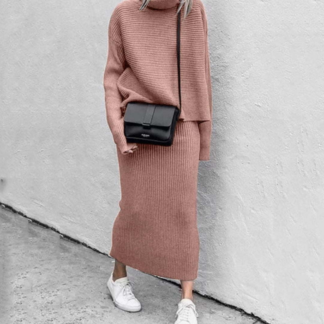Women's Cozy Pullover Skirt Set Turtleneck Ribbed Knit Two-Piece - Pink