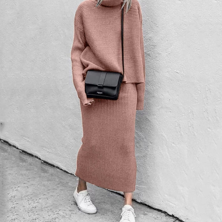 Women's Cozy Pullover Skirt Set Turtleneck Ribbed Knit Two-Piece - Pink