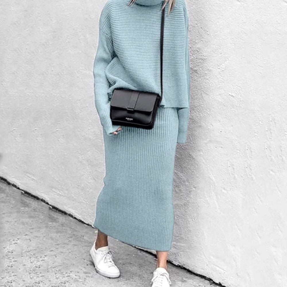 Women's Cozy Pullover Skirt Set Turtleneck Ribbed Knit Two-Piece - Blue