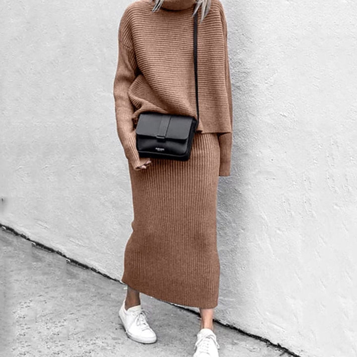 Women's Cozy Pullover Skirt Set Turtleneck Ribbed Knit Two-Piece - Brown