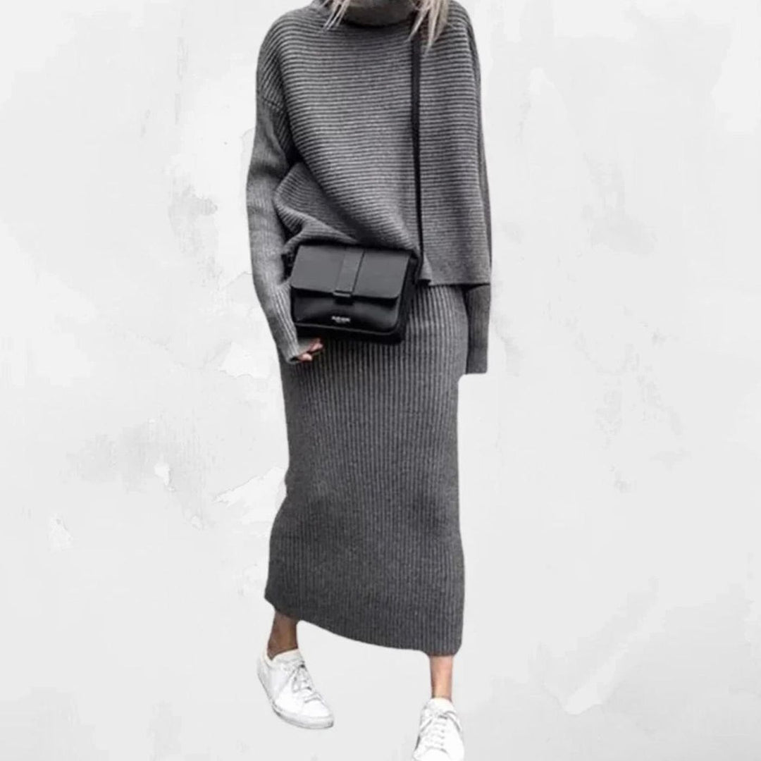 Women's Cozy Pullover Skirt Set Turtleneck Ribbed Knit Two-Piece - Grey