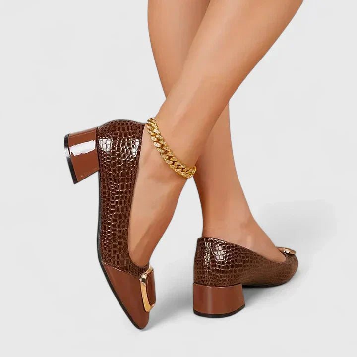Women's Croc-Embossed Block-Heel Square-Toe Loafers - Brown