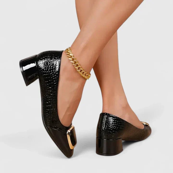 Women's Croc-Embossed Block-Heel Square-Toe Loafers - Black