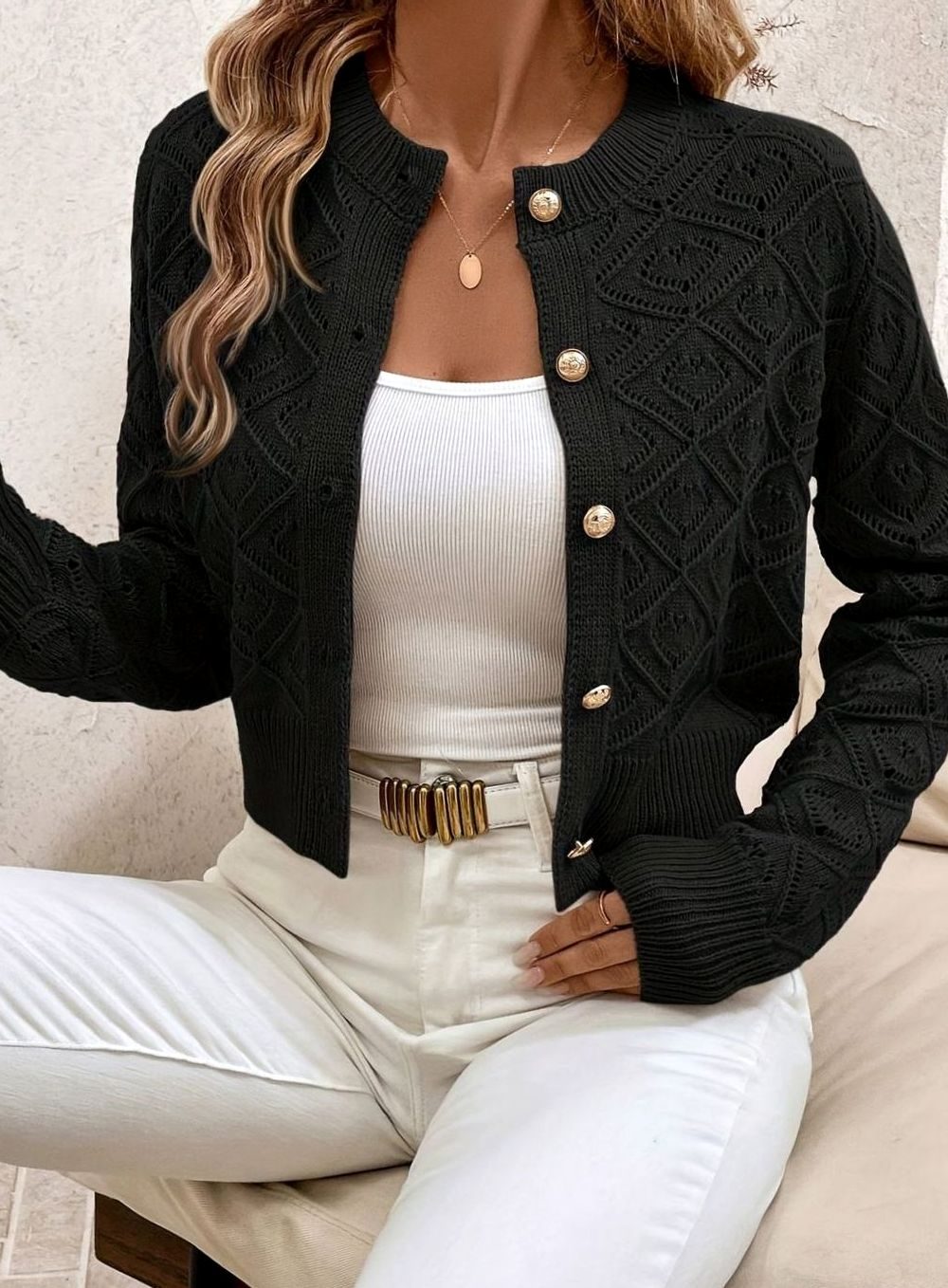 Women's Cropped Diamond-Knit Button-Front Cardigan