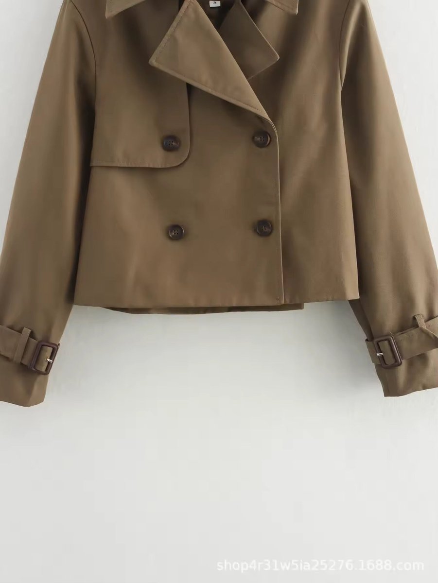 Women's Cropped Double-Breasted Belted-Cuff Trench Coat