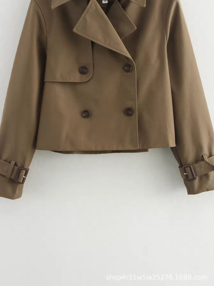 Women's Cropped Double-Breasted Belted-Cuff Trench Coat