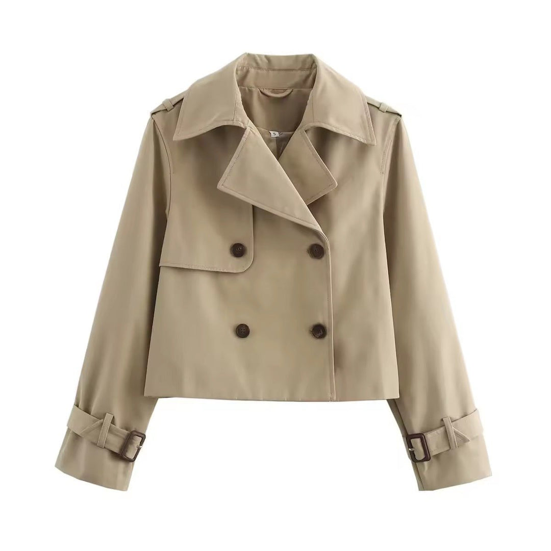 Women's Cropped Double-Breasted Belted-Cuff Trench Coat - Beige