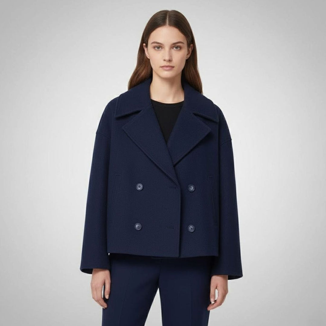 Women's Cropped Double-Breasted Tailored Short Jacket - Navy Blue