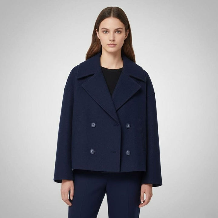 Women's Cropped Double-Breasted Tailored Short Jacket - Navy Blue