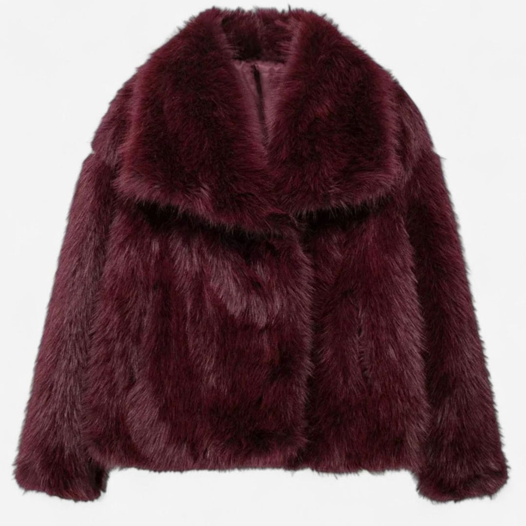 Women's Cropped Faux Fur Warm Jacket Statement Collar - Burgundy
