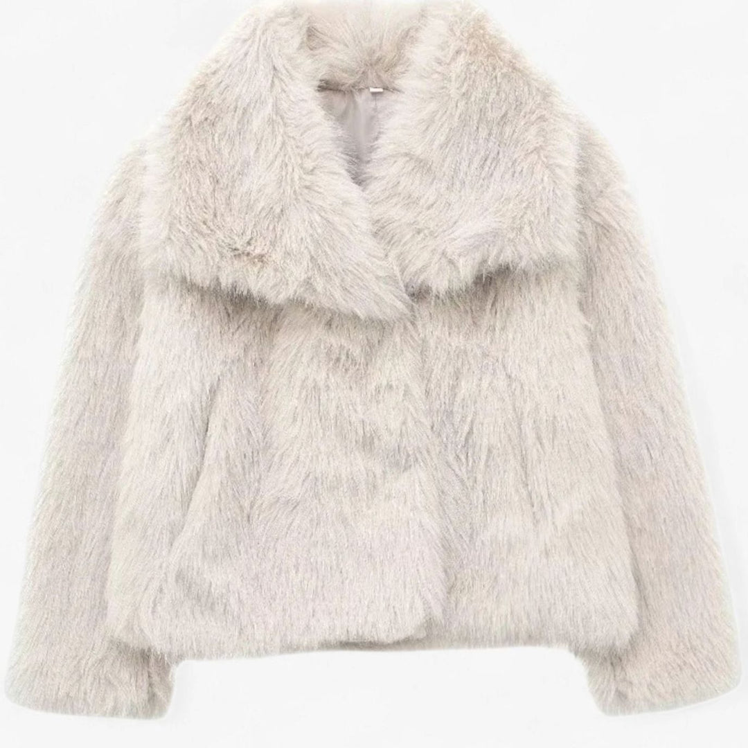 Women's Cropped Faux Fur Warm Jacket Statement Collar - Beige