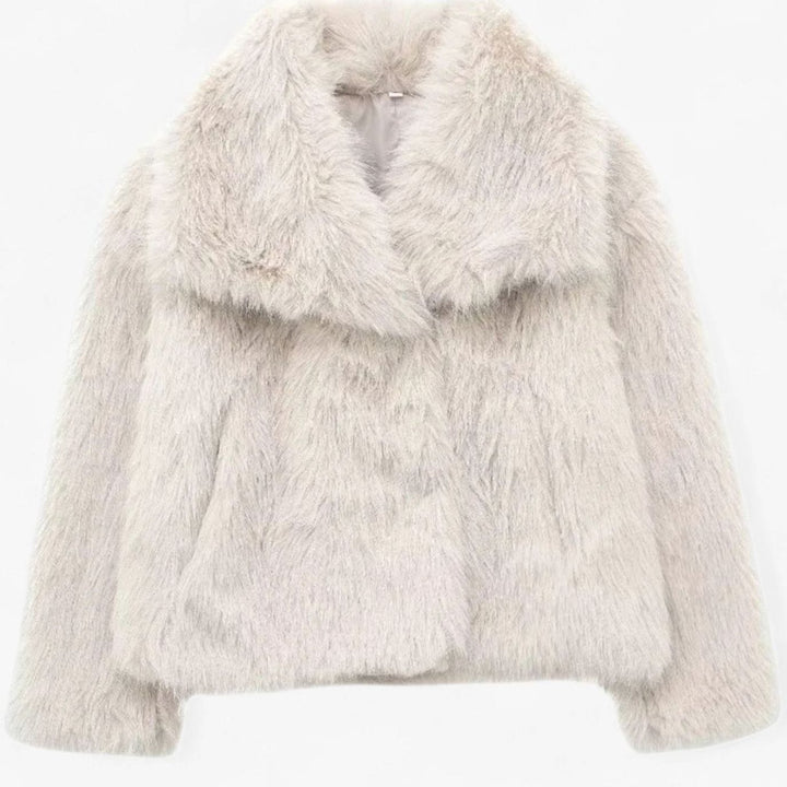 Women's Cropped Faux Fur Warm Jacket Statement Collar - Beige