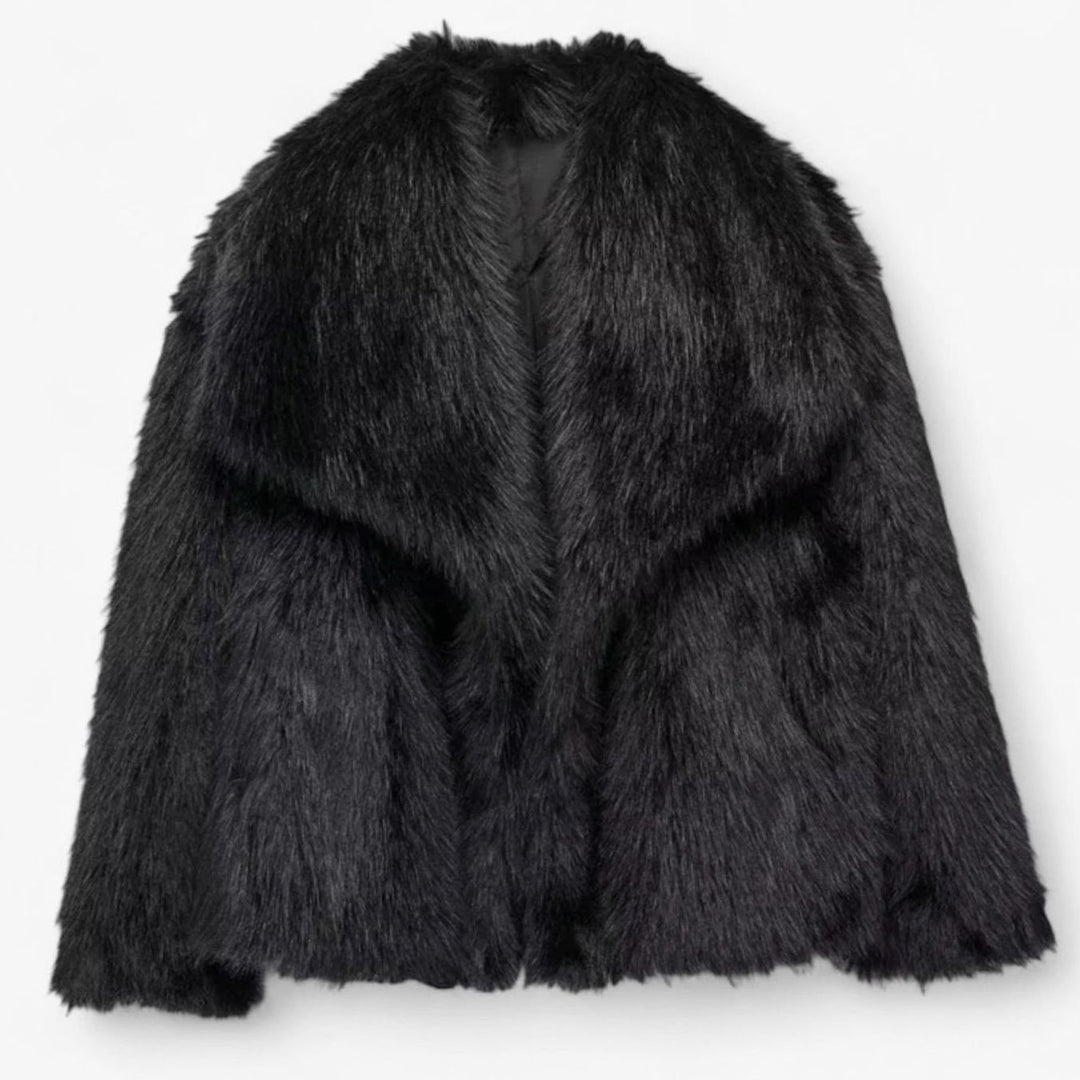 Women's Cropped Faux Fur Warm Jacket Statement Collar - Black