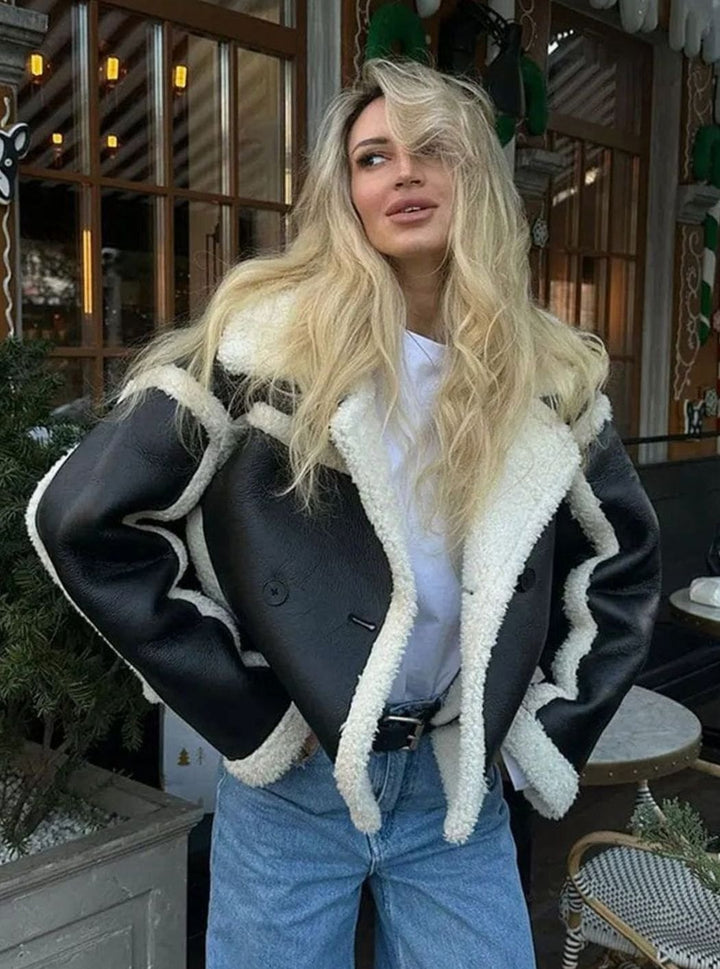 Women's Cropped Faux Leather Shearling Jacket - Black