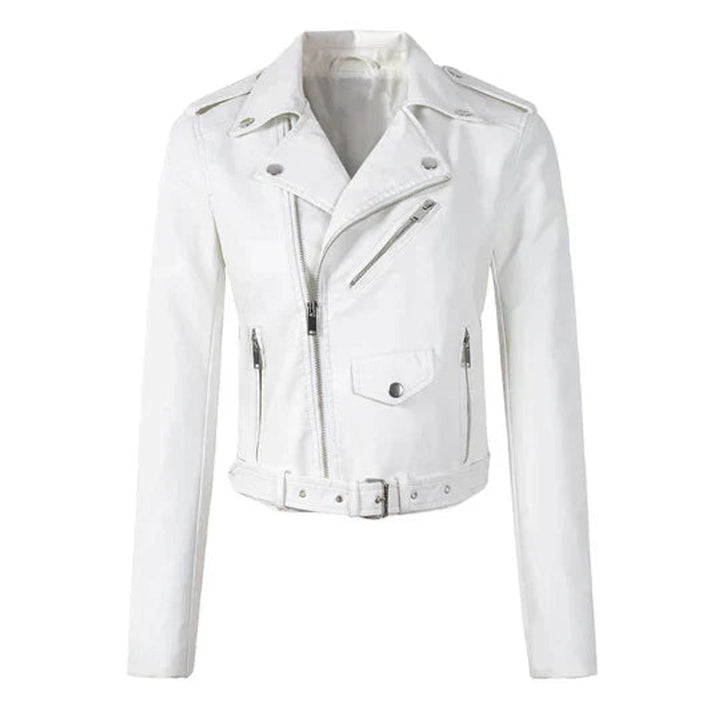 Women's Cropped Moto Zip-Up Faux Leather Jacket - White