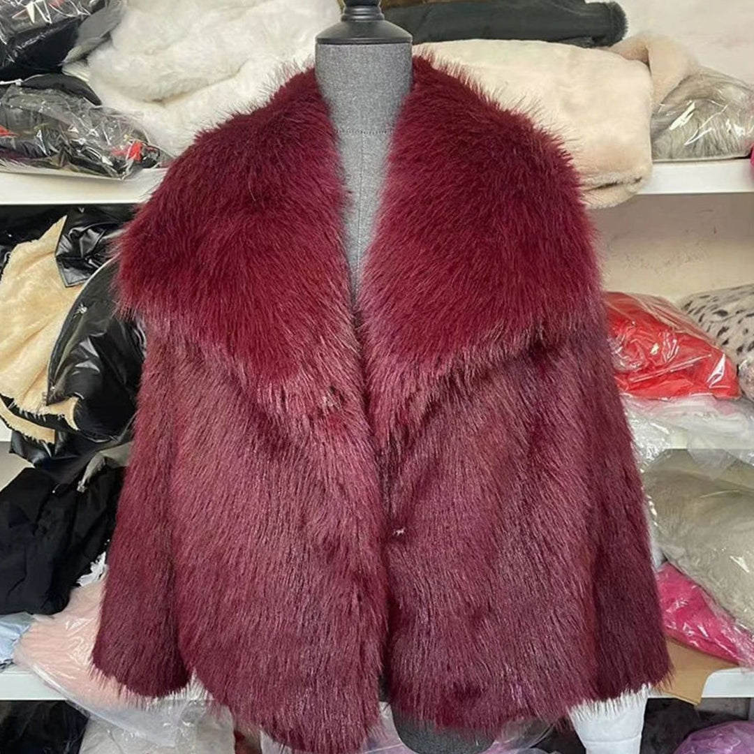Women's Cropped Open-Front Faux Fur Winter Jacket - Burgundy