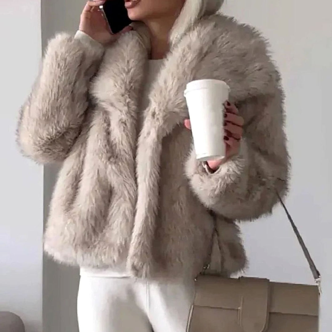 Women's Cropped Open-Front Faux Fur Winter Jacket - Light Brown