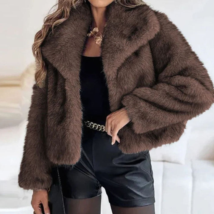 Women's Cropped Open-Front Faux Fur Winter Jacket - Brown