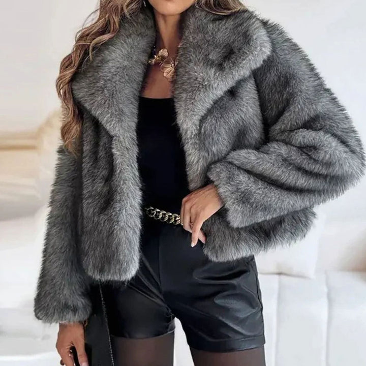 Women's Cropped Open-Front Faux Fur Winter Jacket - Dark Grey