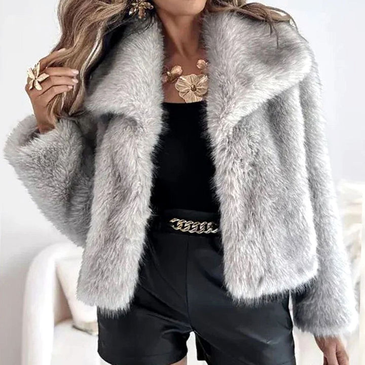 Women's Cropped Open-Front Faux Fur Winter Jacket - Grey