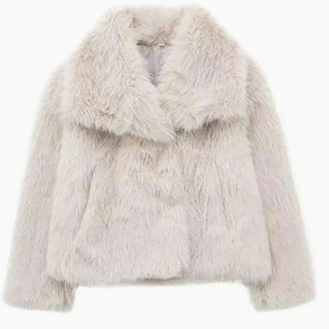 Women's Cropped Open-Front Faux Fur Winter Jacket - Cream