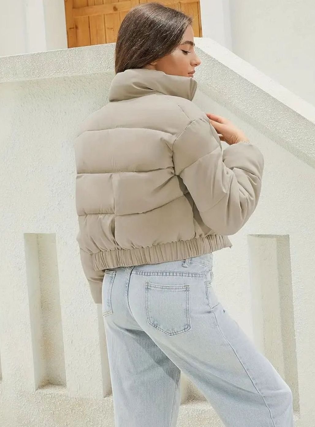 Women's Cropped Winter Puffer Jacket Stand-Collar Zip-Up