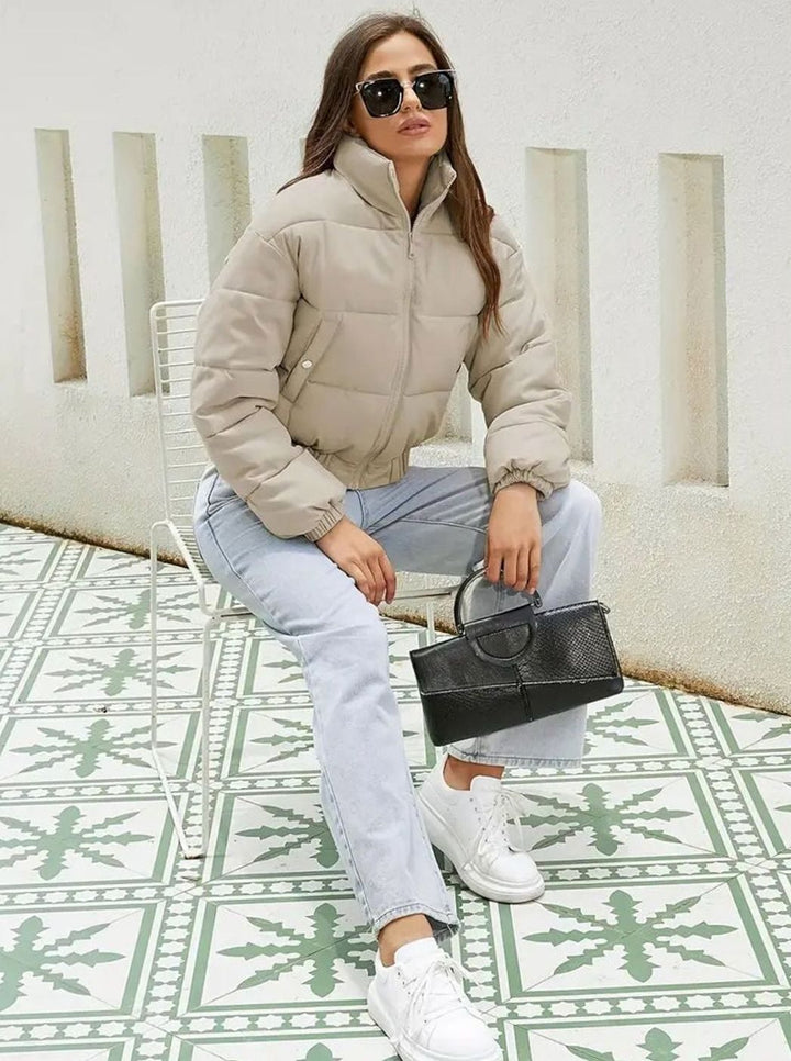 Women's Cropped Winter Puffer Jacket Stand-Collar Zip-Up