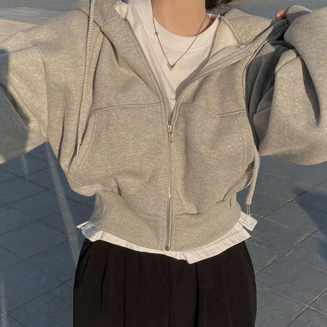 Women's Cropped Zip-Up Hoodie Oversized Fleece Drawstring Sweatshirt - Light Grey