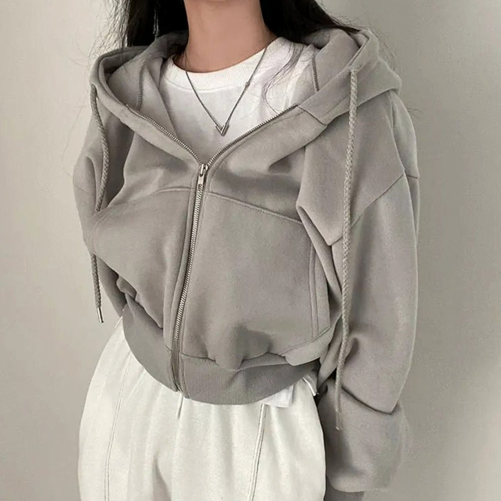 Women's Cropped Zip-Up Hoodie Oversized Fleece Drawstring Sweatshirt - Grey