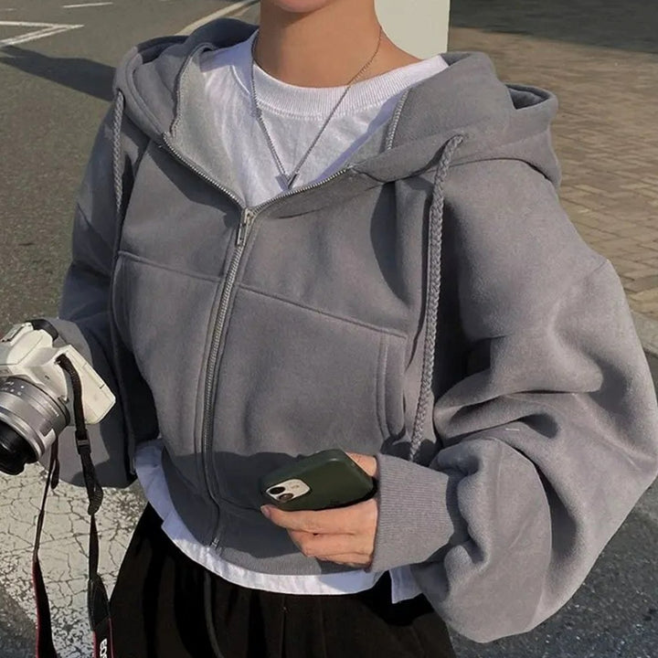Women's Cropped Zip-Up Hoodie Oversized Fleece Drawstring Sweatshirt - Dark Grey