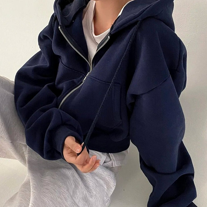 Women's Cropped Zip-Up Hoodie Oversized Fleece Drawstring Sweatshirt - Blue