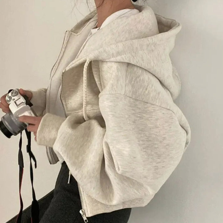 Women's Cropped Zip-Up Hoodie Oversized Fleece Drawstring Sweatshirt - Beige