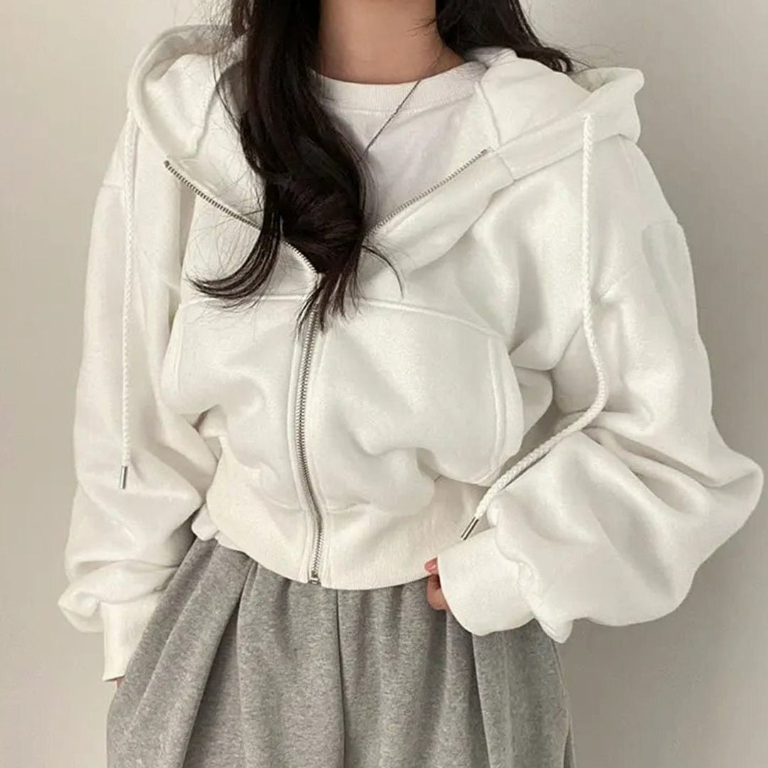 Women's Cropped Zip-Up Hoodie Oversized Fleece Drawstring Sweatshirt - White