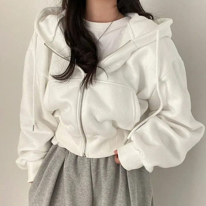 Women's Cropped Zip-Up Hoodie Oversized Fleece Drawstring Sweatshirt - White