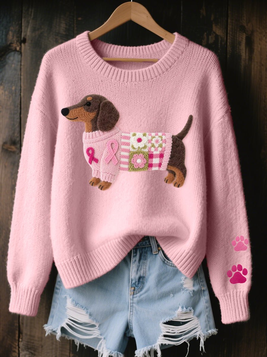 Women's Dachshund Patchwork Knit Sweater Relaxed Pullover - Pink