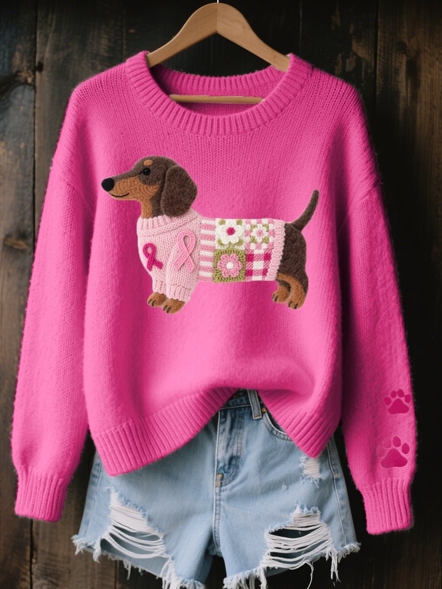 Women's Dachshund Patchwork Knit Sweater Relaxed Pullover - Dark Pink