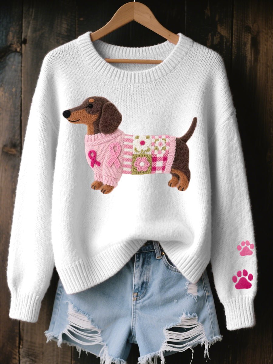 Women's Dachshund Patchwork Knit Sweater Relaxed Pullover - White