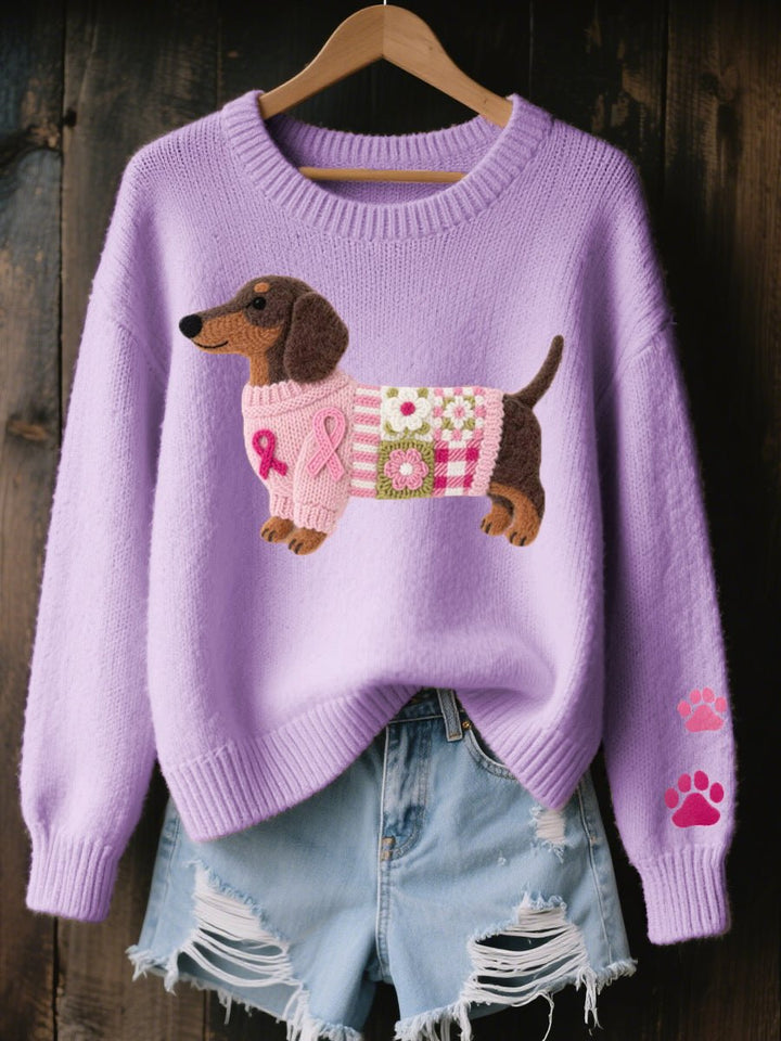 Women's Dachshund Patchwork Knit Sweater Relaxed Pullover - Purple