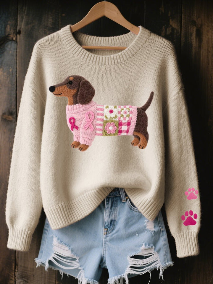 Women's Dachshund Patchwork Knit Sweater Relaxed Pullover - Beige