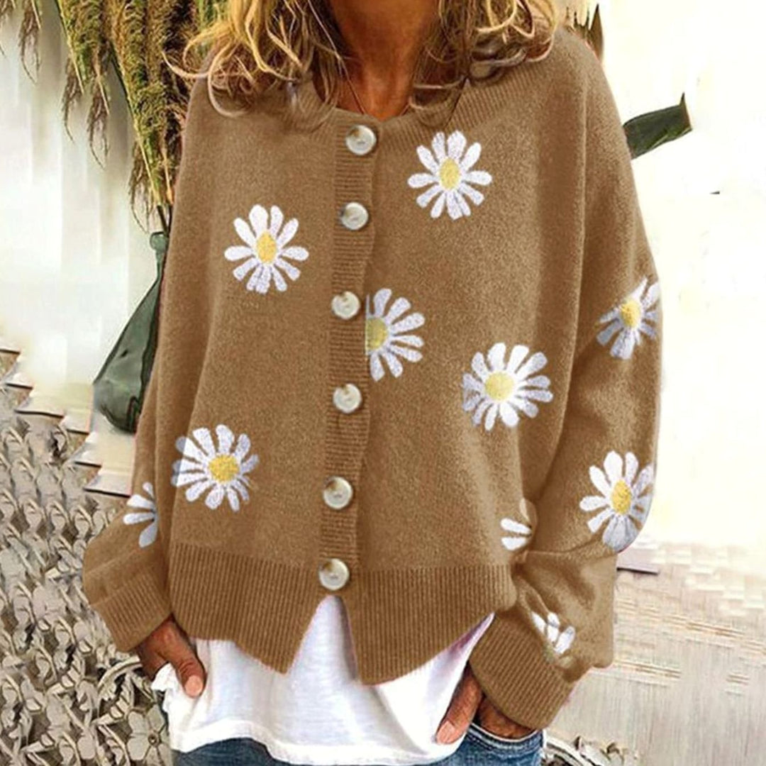Women's Daisy Floral Button-Front Relaxed Knit Winter Cardigan - Khaki