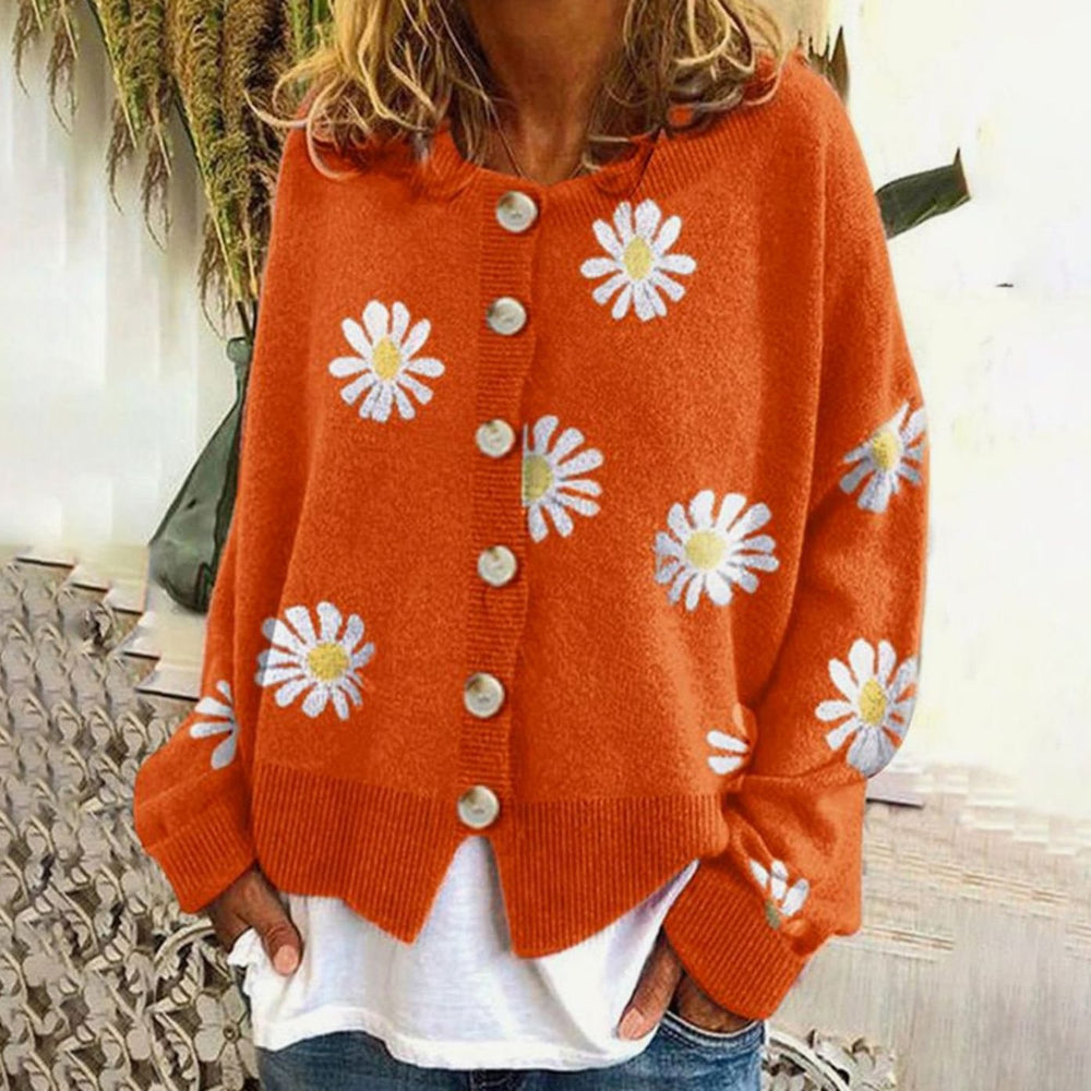 Women's Daisy Floral Button-Front Relaxed Knit Winter Cardigan - Orange