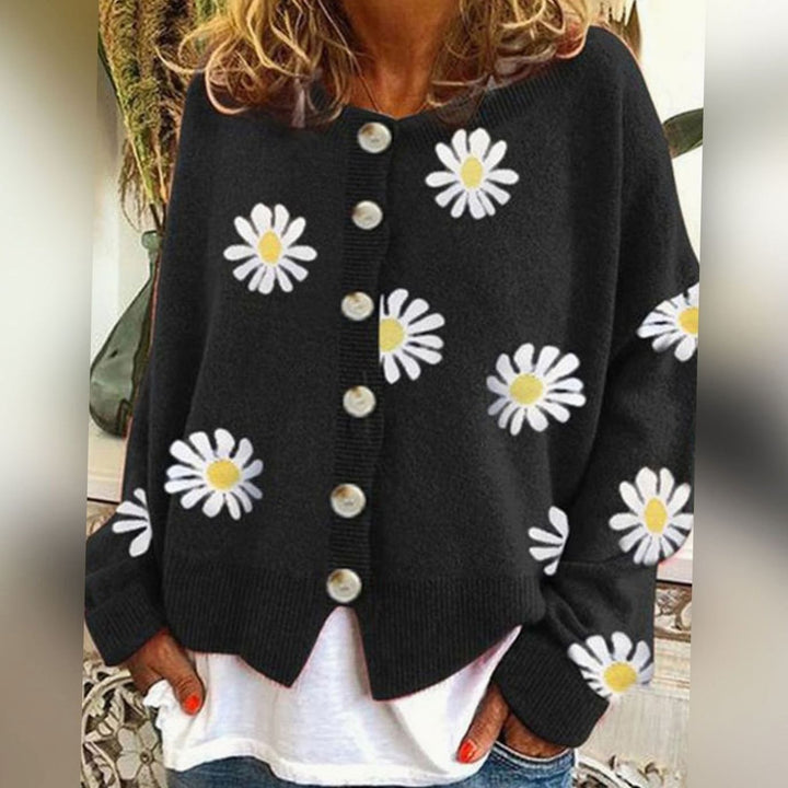 Women's Daisy Floral Button-Front Relaxed Knit Winter Cardigan - Black