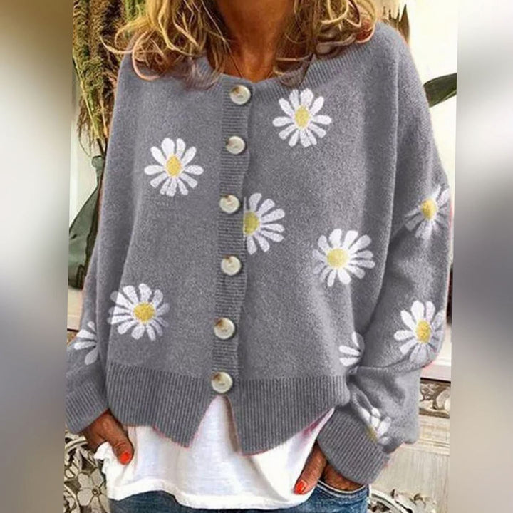 Women's Daisy Floral Button-Front Relaxed Knit Winter Cardigan - Grey