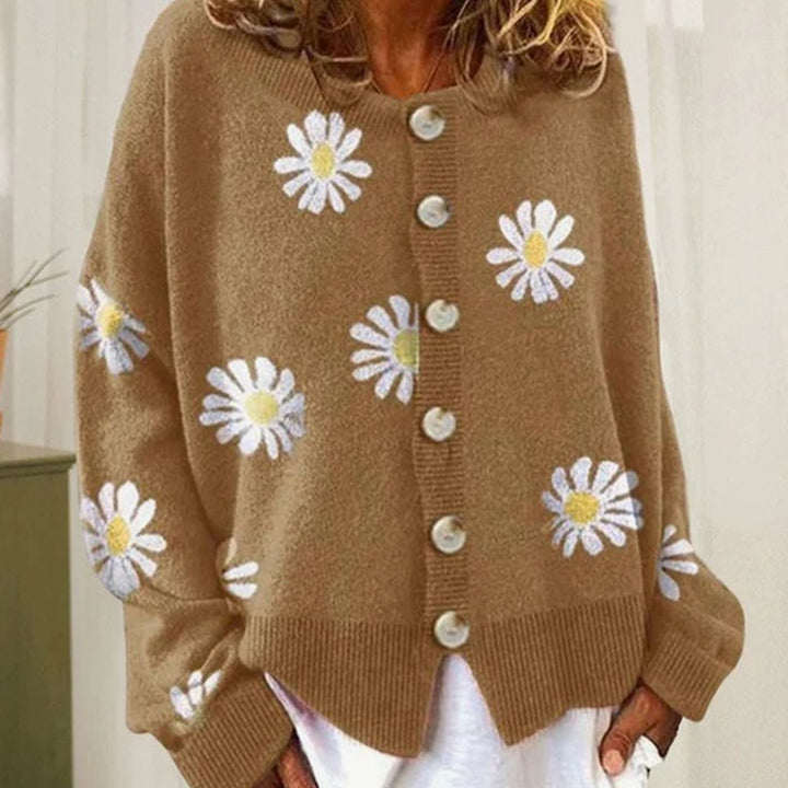 Women's Daisy Floral Button-Front Relaxed Knit Winter Cardigan